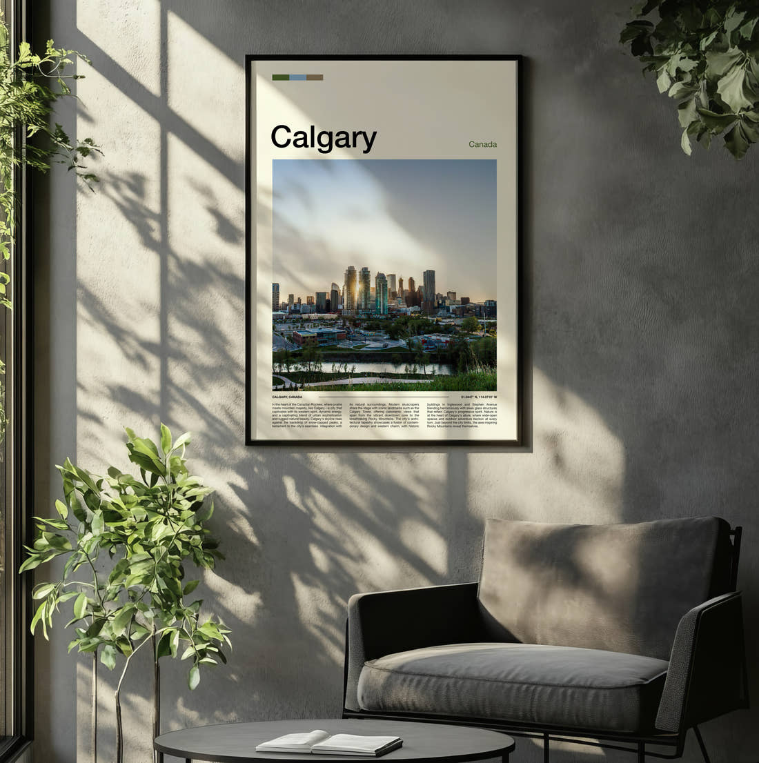 Calgary Distant Skyline Travel Print framed on the wall of a relaxed living room