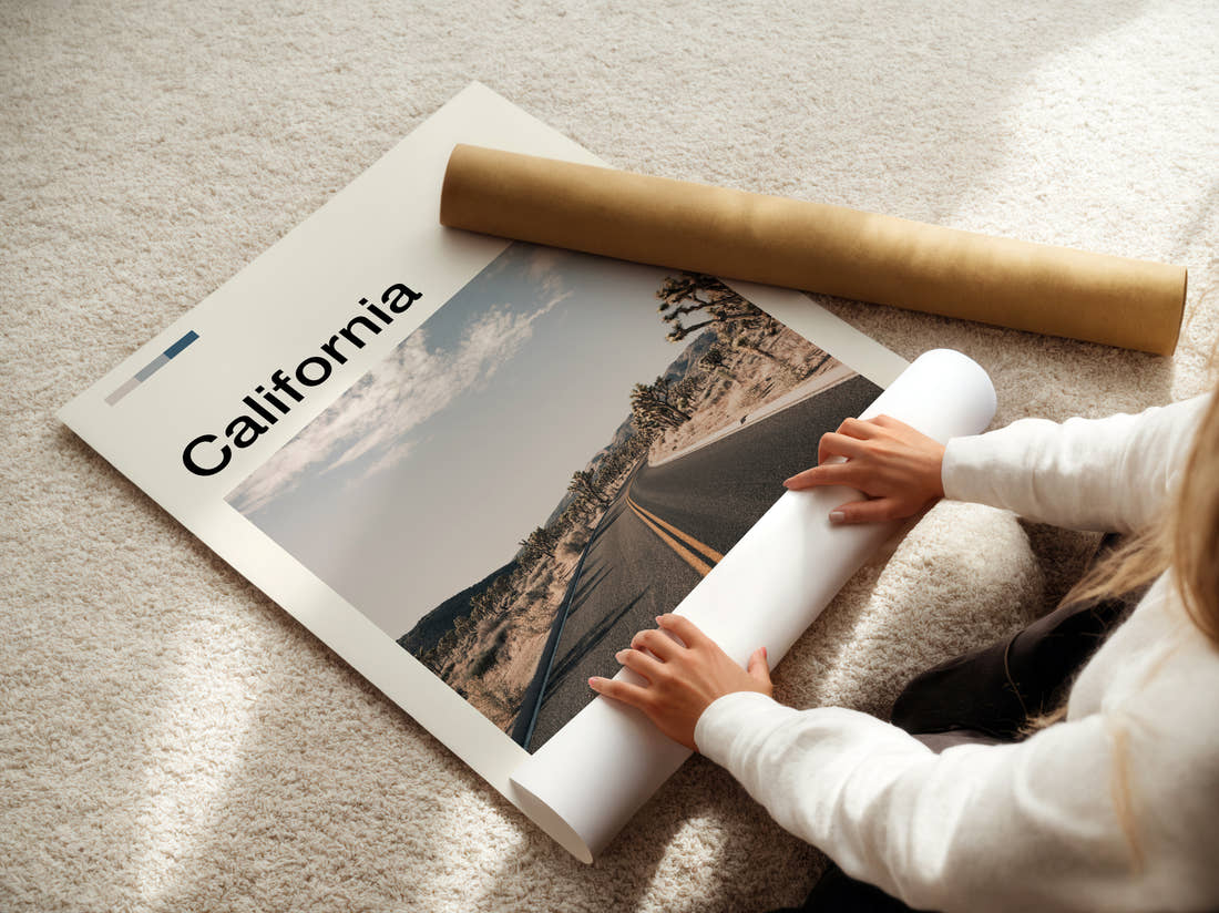 California Road Through Joshua Trees Travel Print being unrolled from its postal tube