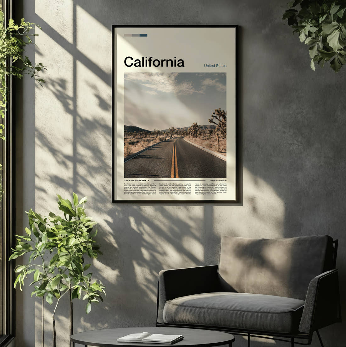 California Road Through Joshua Trees Travel Print framed on the wall of a relaxed living room
