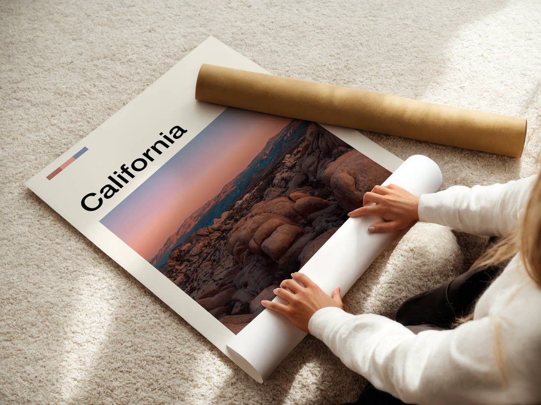 California Desert Boulders Travel Print being unrolled from its postal tube