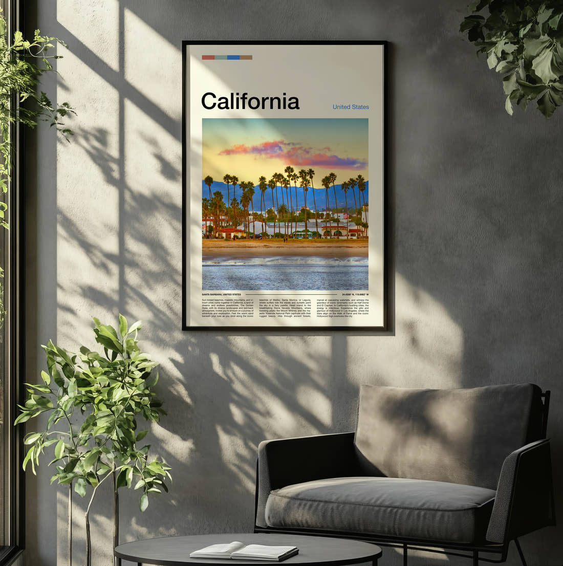 California Palm Lined Beach Travel Print framed on the wall of a relaxed living room
