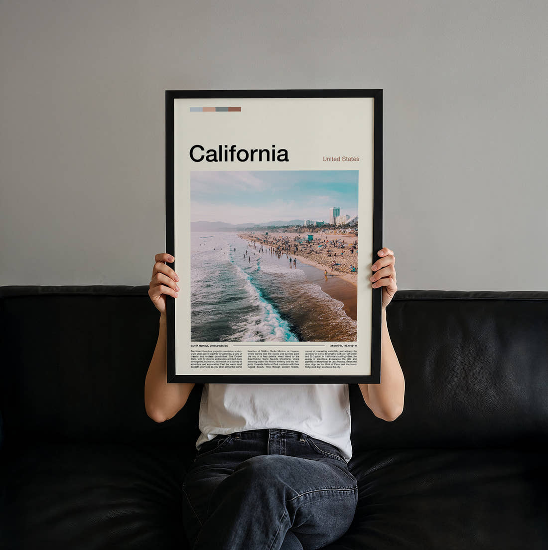 California Beach From Above Travel Print held up by hand to show the size of the print