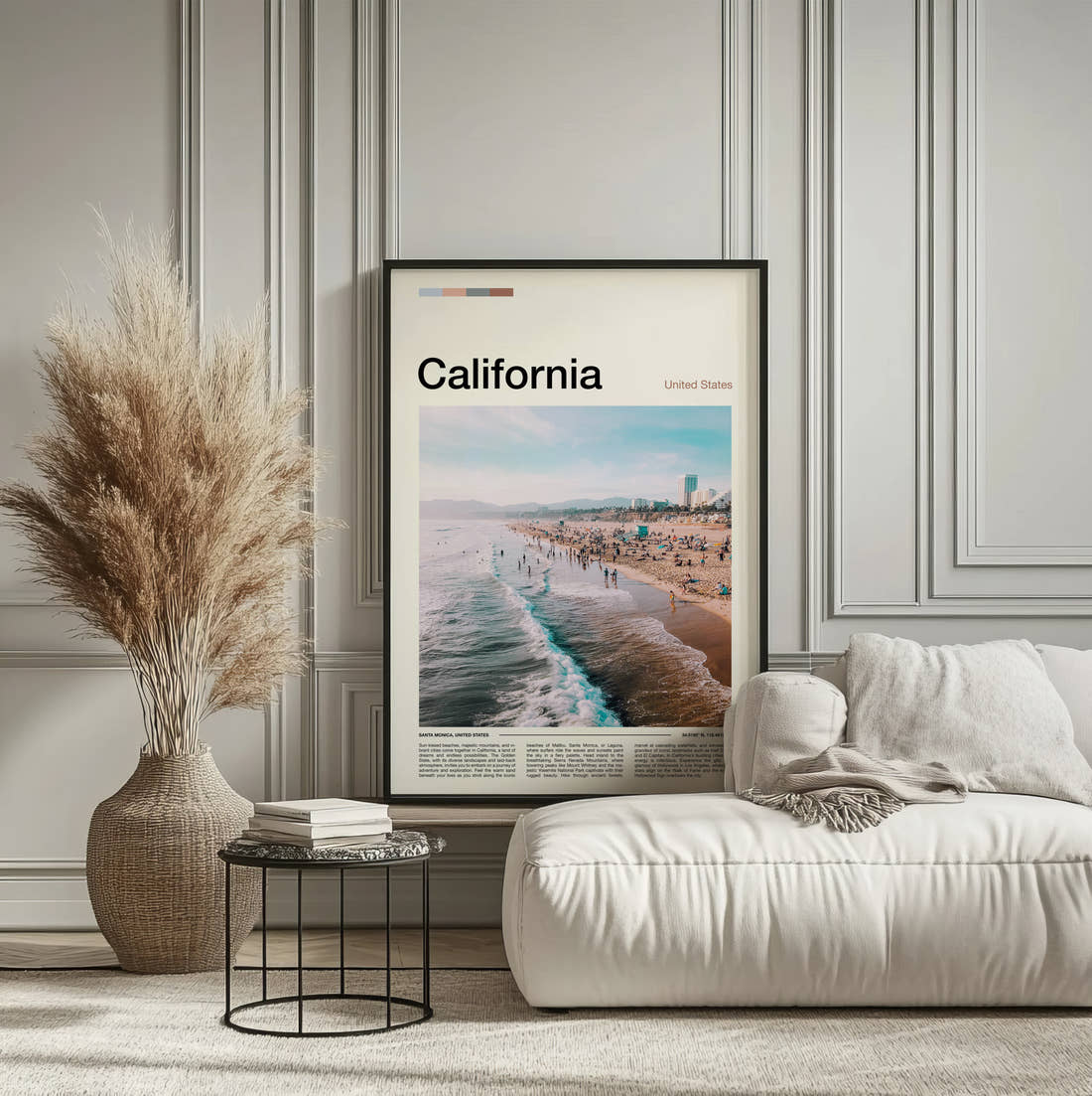 California Beach From Above Travel Print framed on the wall of a calm, neutral bedroom