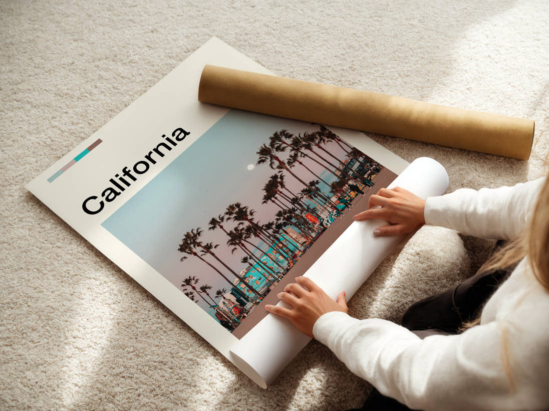California Palms Above A Mural Travel Print being unrolled from its postal tube
