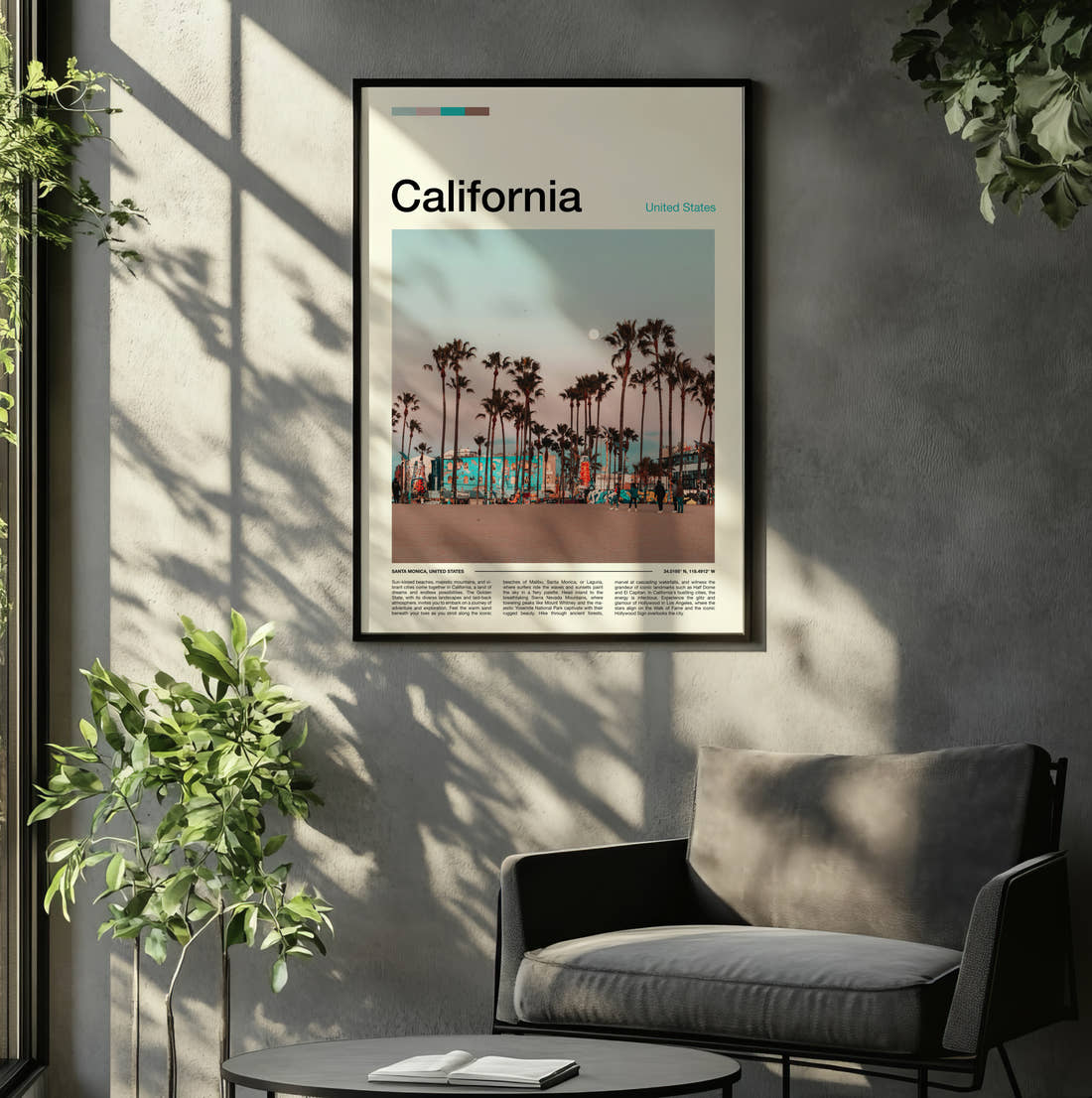 California Palms Above A Mural Travel Print framed on the wall of a relaxed living room