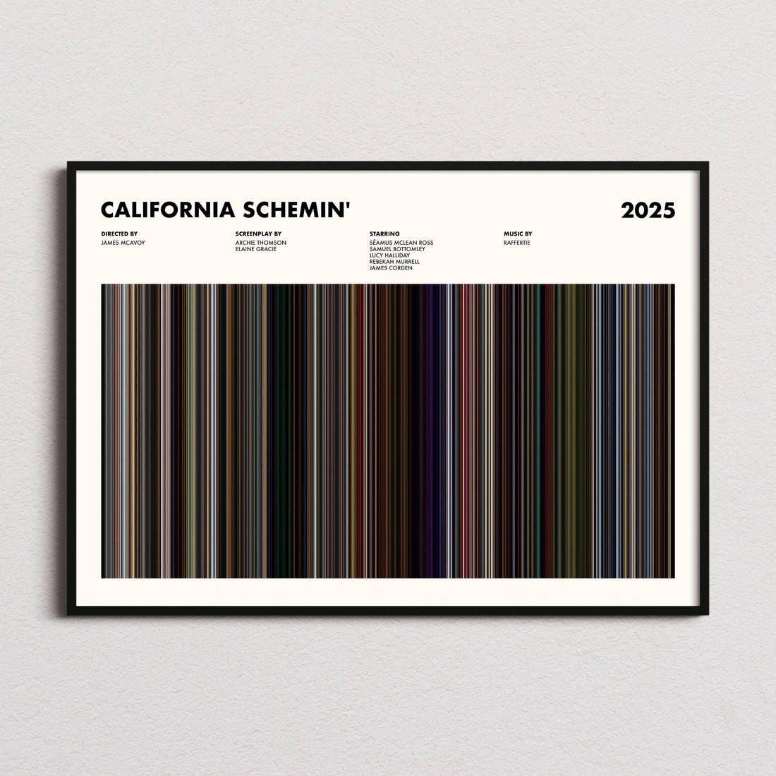 California Schemin' Movie Barcode Poster framed and photographed straight on