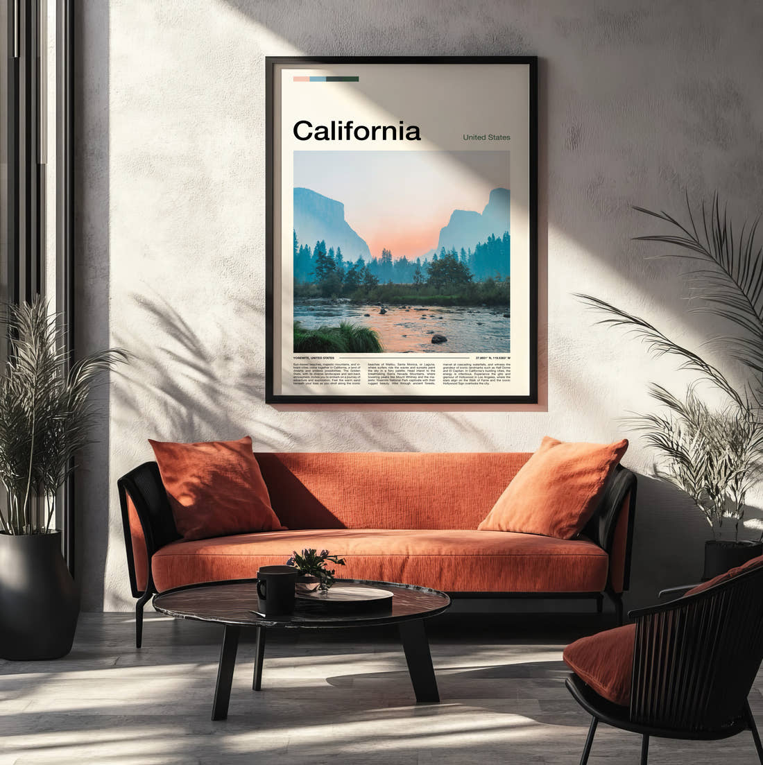 California Valley And River Travel Print framed on the wall of a modern living room