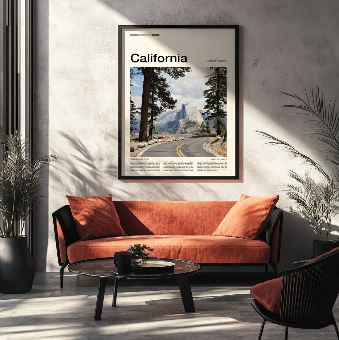 California Half Dome Travel Print framed on the wall of a modern living room