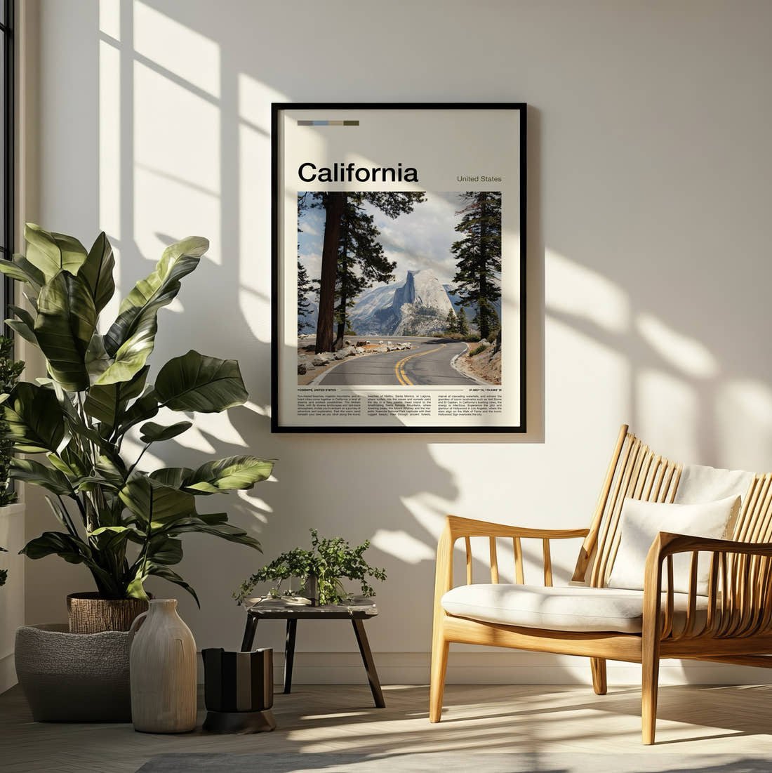 California Half Dome Travel Print framed on a pale wall beside houseplants