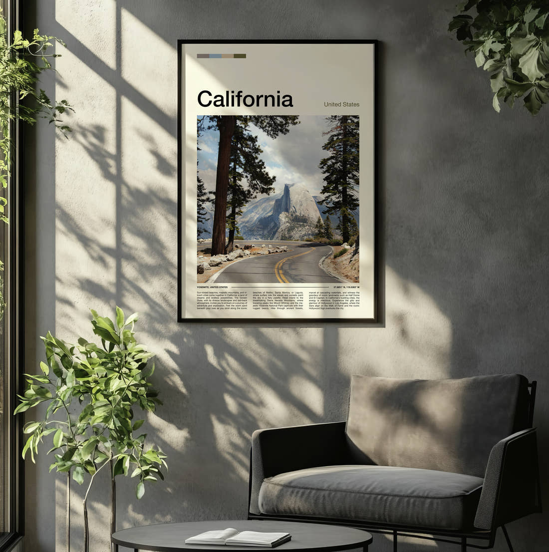 California Half Dome Travel Print framed on the wall of a relaxed living room