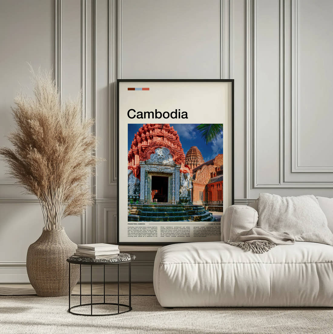 Cambodia Colourful Temple Entrance Travel Print framed on the wall of a calm, neutral bedroom