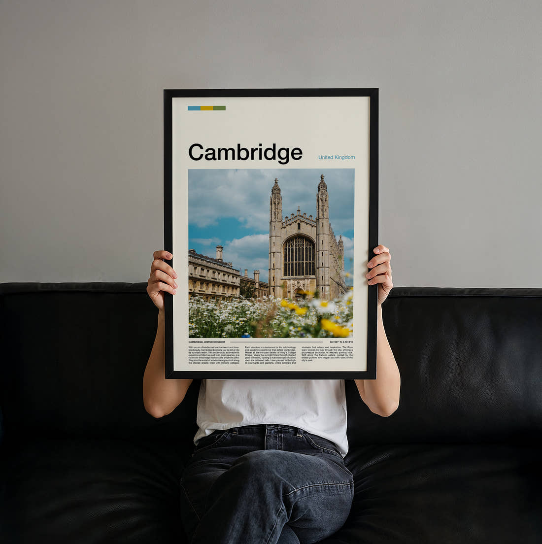 Cambridge King's College Chapel Travel Print held up by hand to show the size of the print