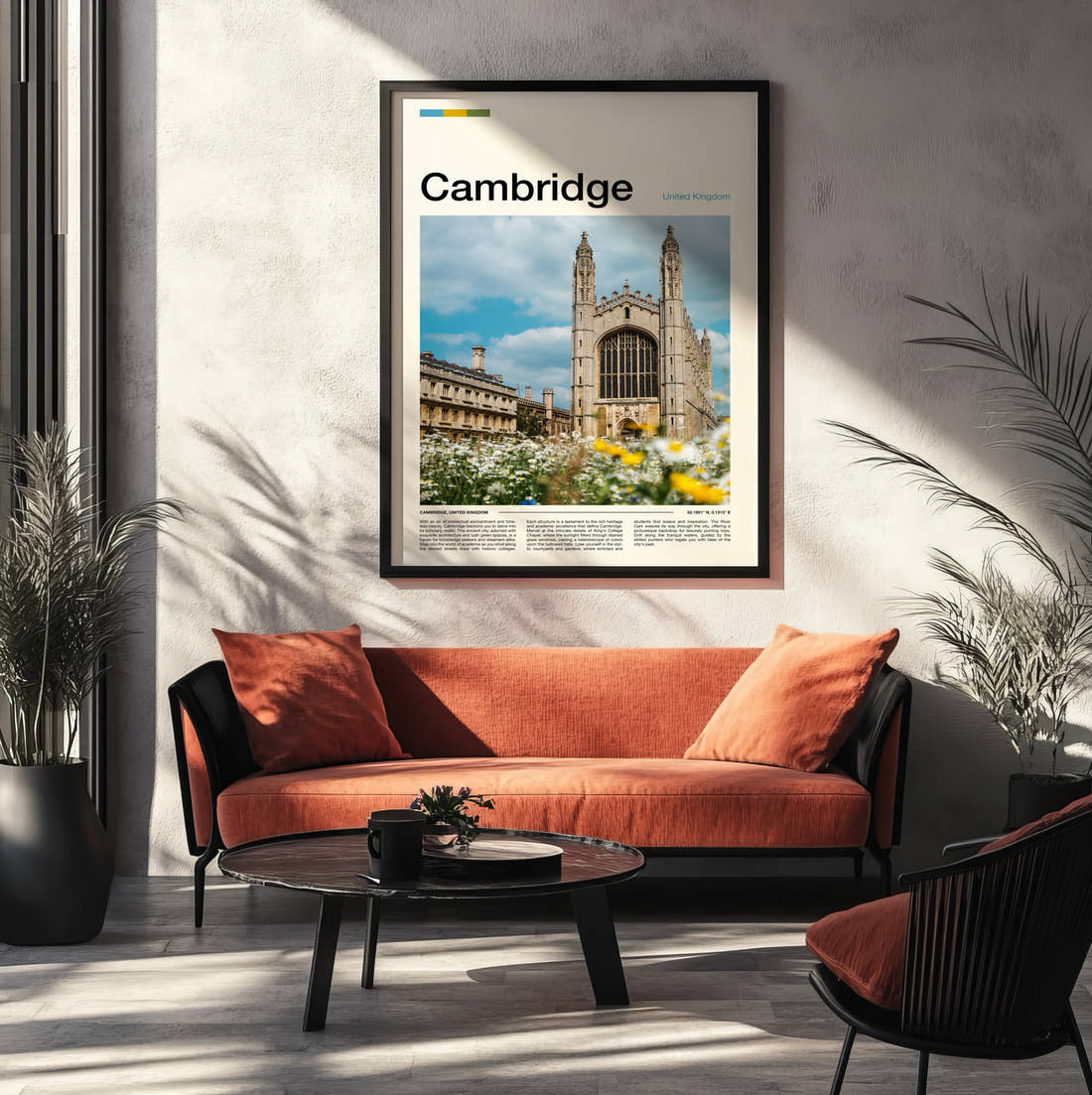 Cambridge King's College Chapel Travel Print framed on the wall of a modern living room