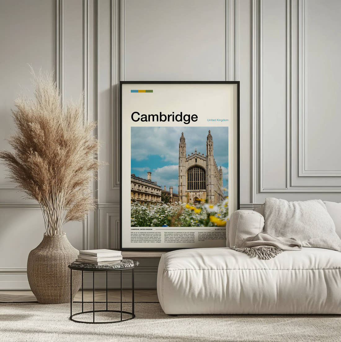 Cambridge King's College Chapel Travel Print framed on the wall of a calm, neutral bedroom