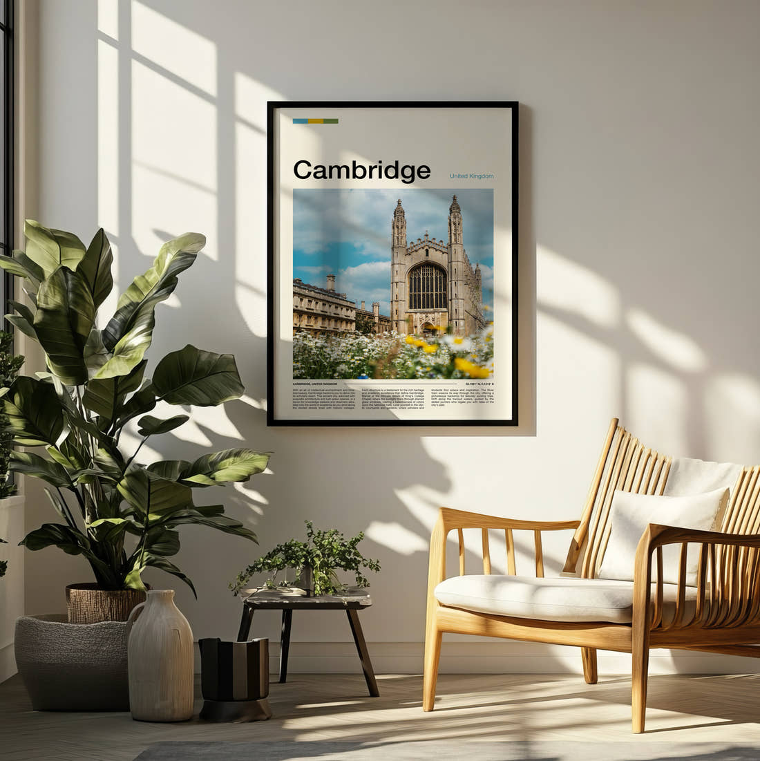 Cambridge King's College Chapel Travel Print framed on a pale wall beside houseplants