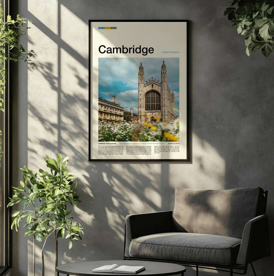 Cambridge King's College Chapel Travel Print framed on the wall of a relaxed living room