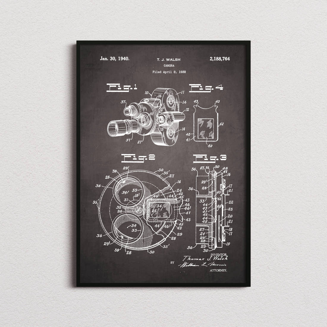 Camera 1938 Patent Print in the blackboard colourway, framed