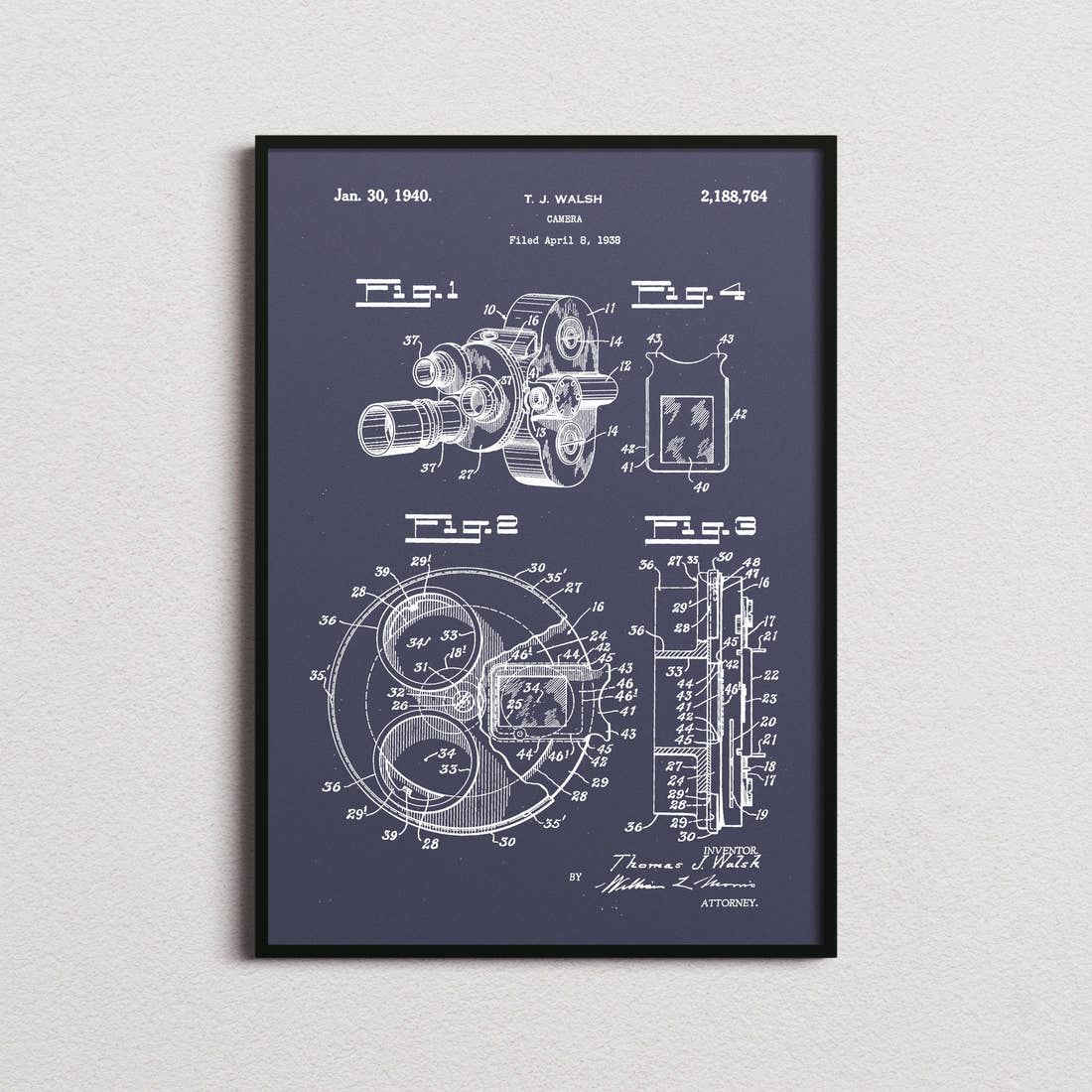 Camera 1938 Patent Print in the navy colourway, framed