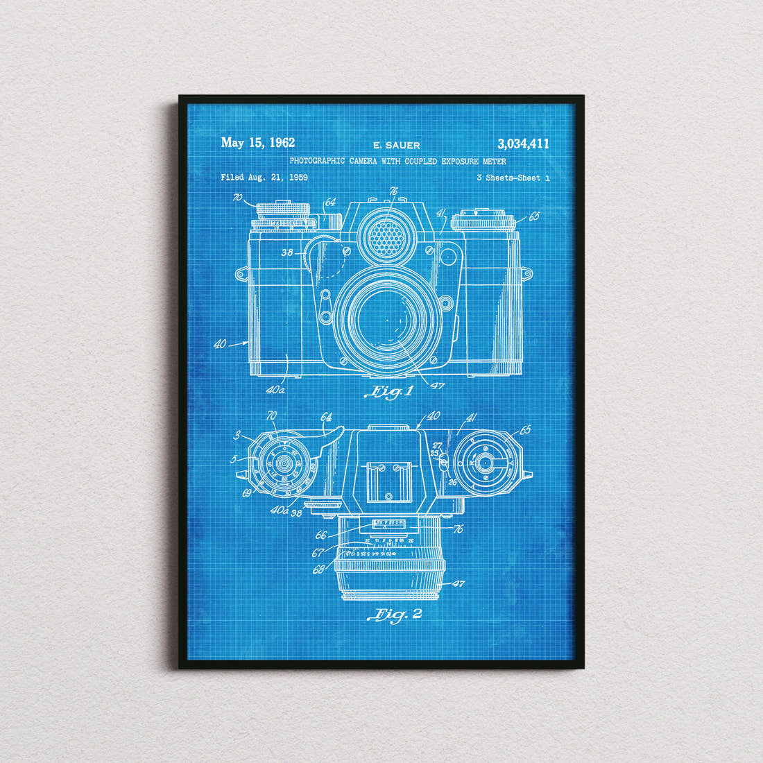 Camera 1962 Patent Print in the blueprint colourway, framed