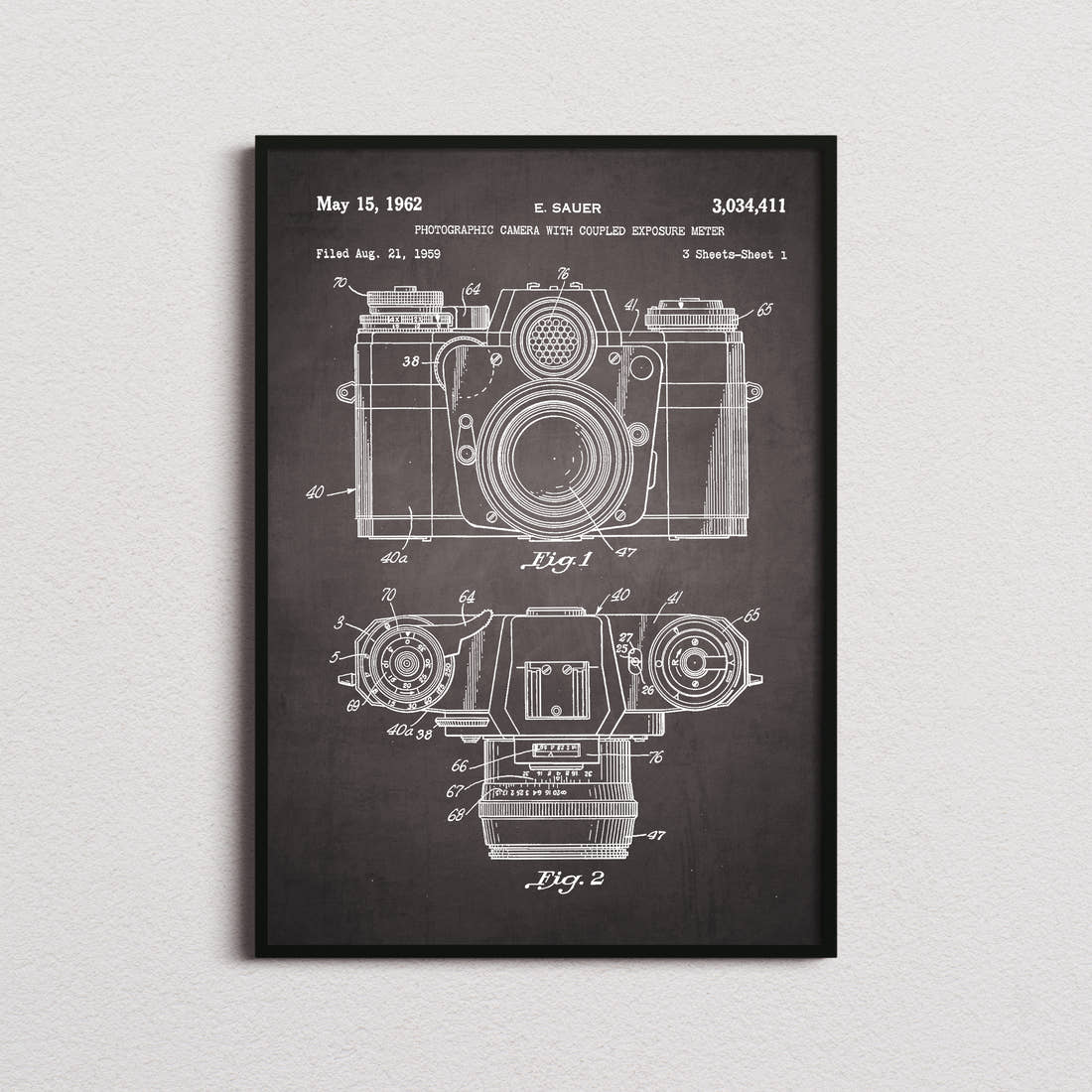 Camera 1962 Patent Print in the blackboard colourway, framed