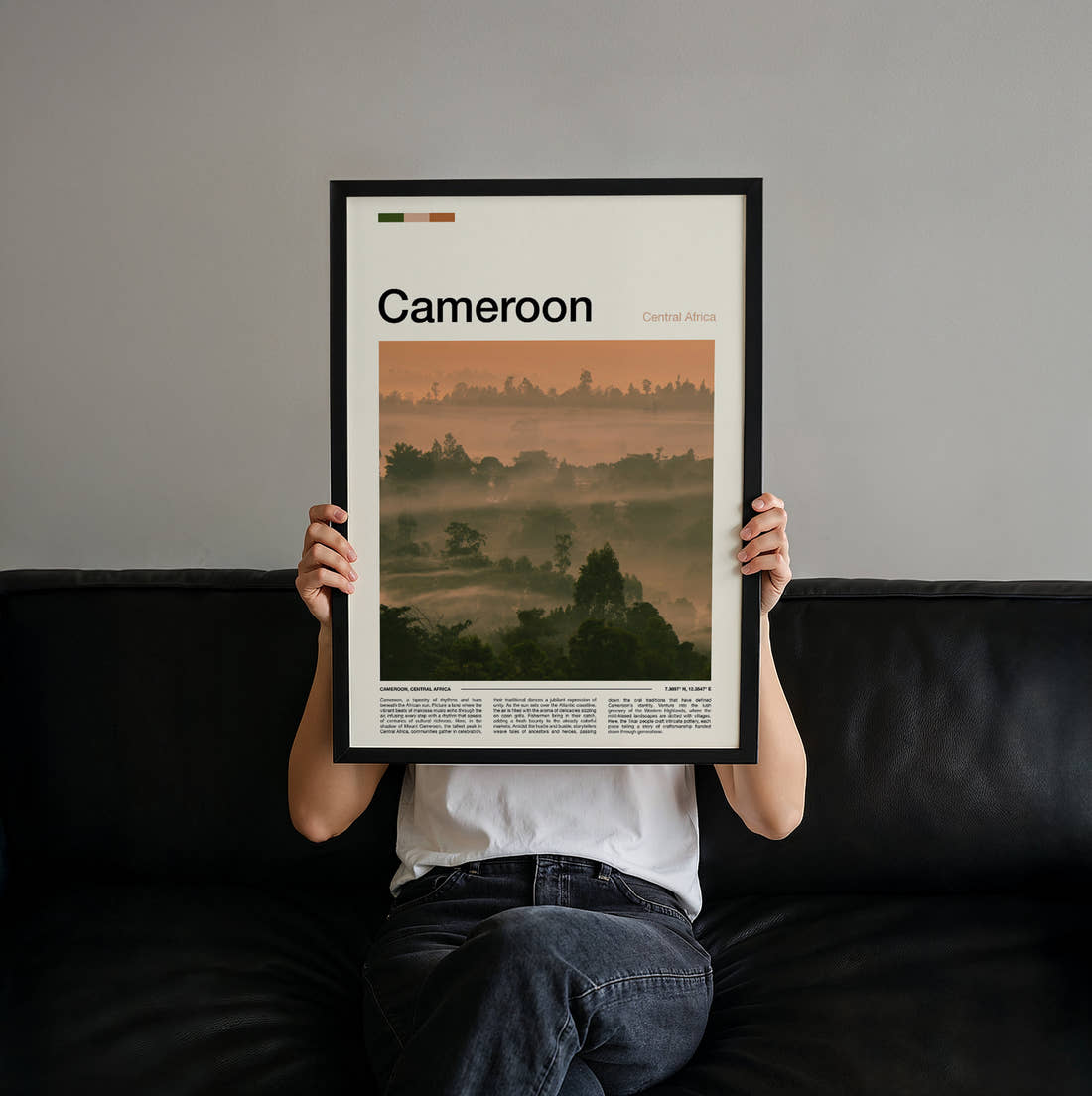Cameroon Misty Jungle At Dawn Travel Print held up by hand to show the size of the print