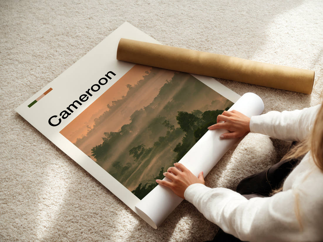Cameroon Misty Jungle At Dawn Travel Print being unrolled from its postal tube