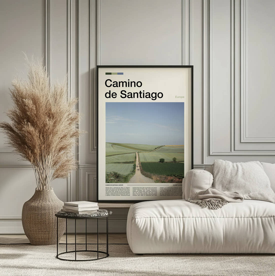 Camino De Santiago Path Through Fields Travel Print framed on the wall of a calm, neutral bedroom