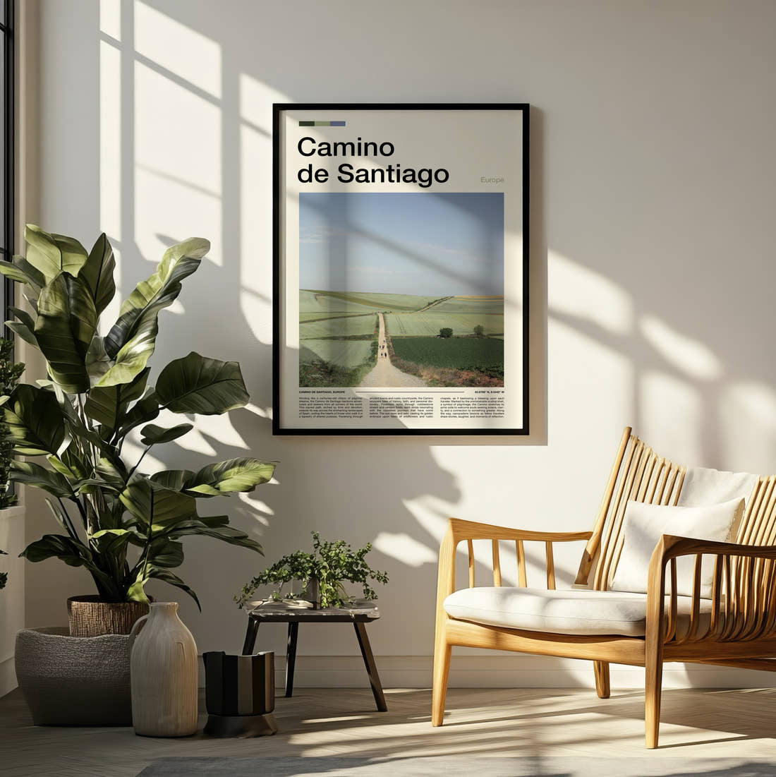 Camino De Santiago Path Through Fields Travel Print framed on a pale wall beside houseplants