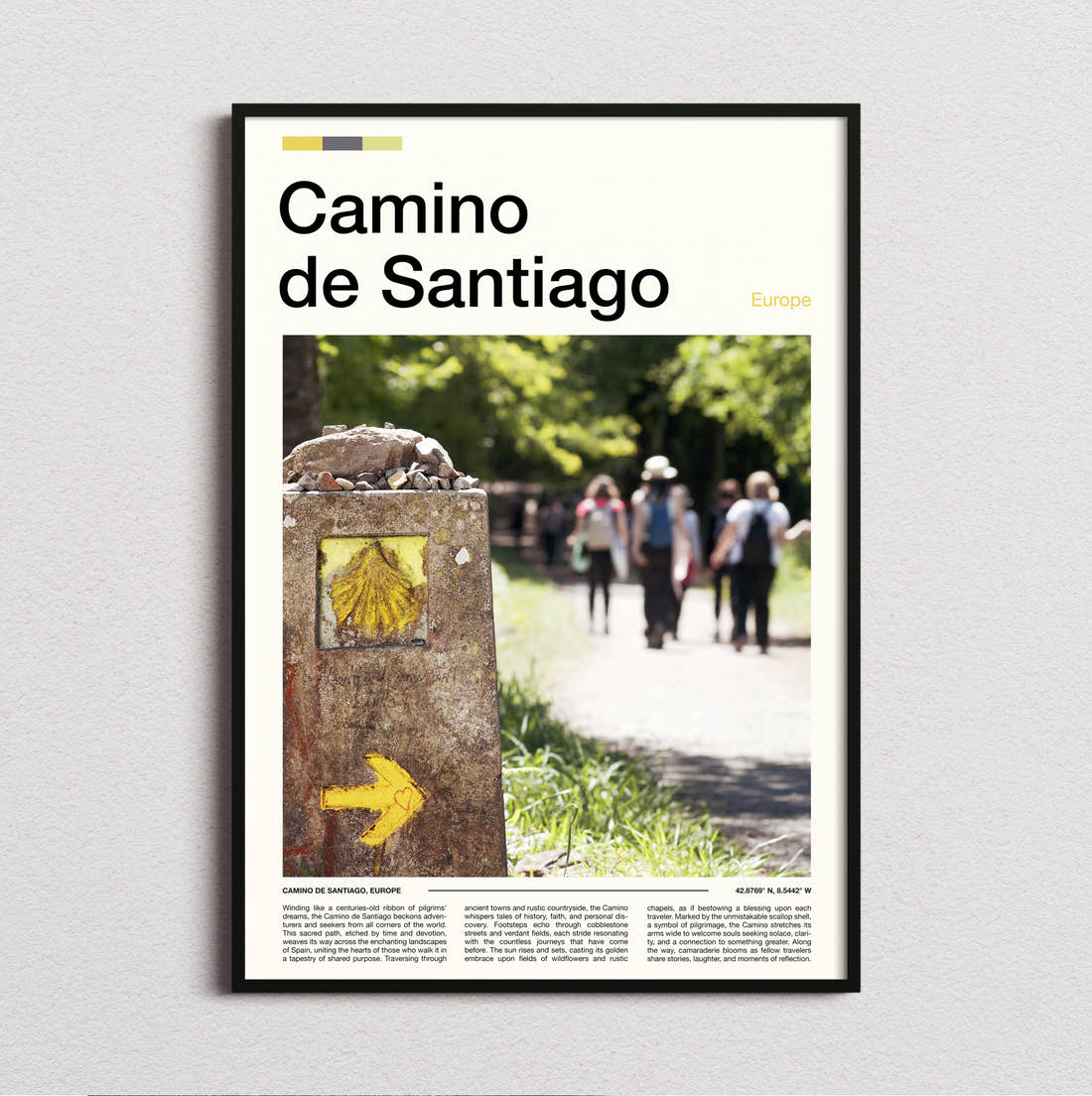 Camino De Santiago Scallop Shell Marker Travel Print framed and photographed straight on