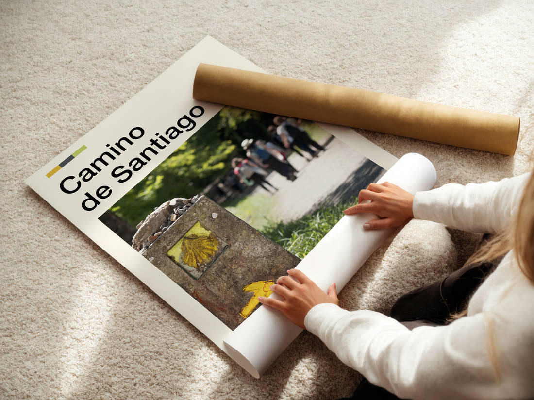 Camino De Santiago Scallop Shell Marker Travel Print being unrolled from its postal tube