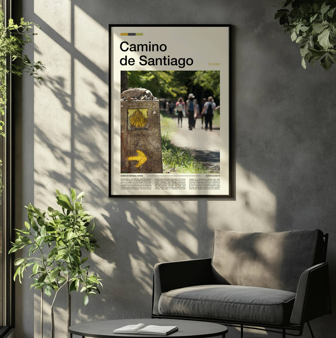 Camino De Santiago Scallop Shell Marker Travel Print framed on the wall of a relaxed living room