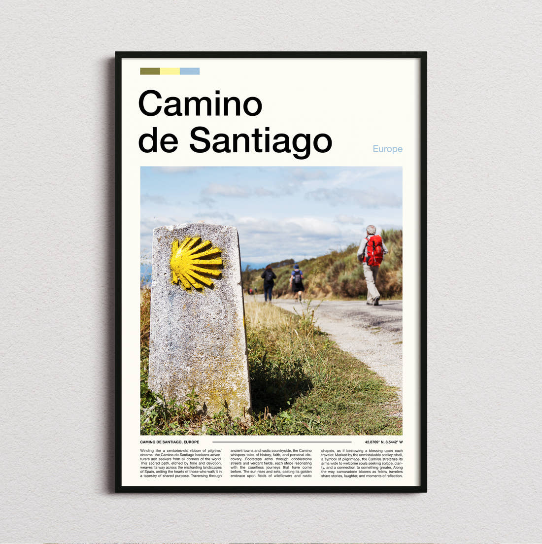 Camino De Santiago Scallop Shell Waymarker Travel Print framed and photographed straight on