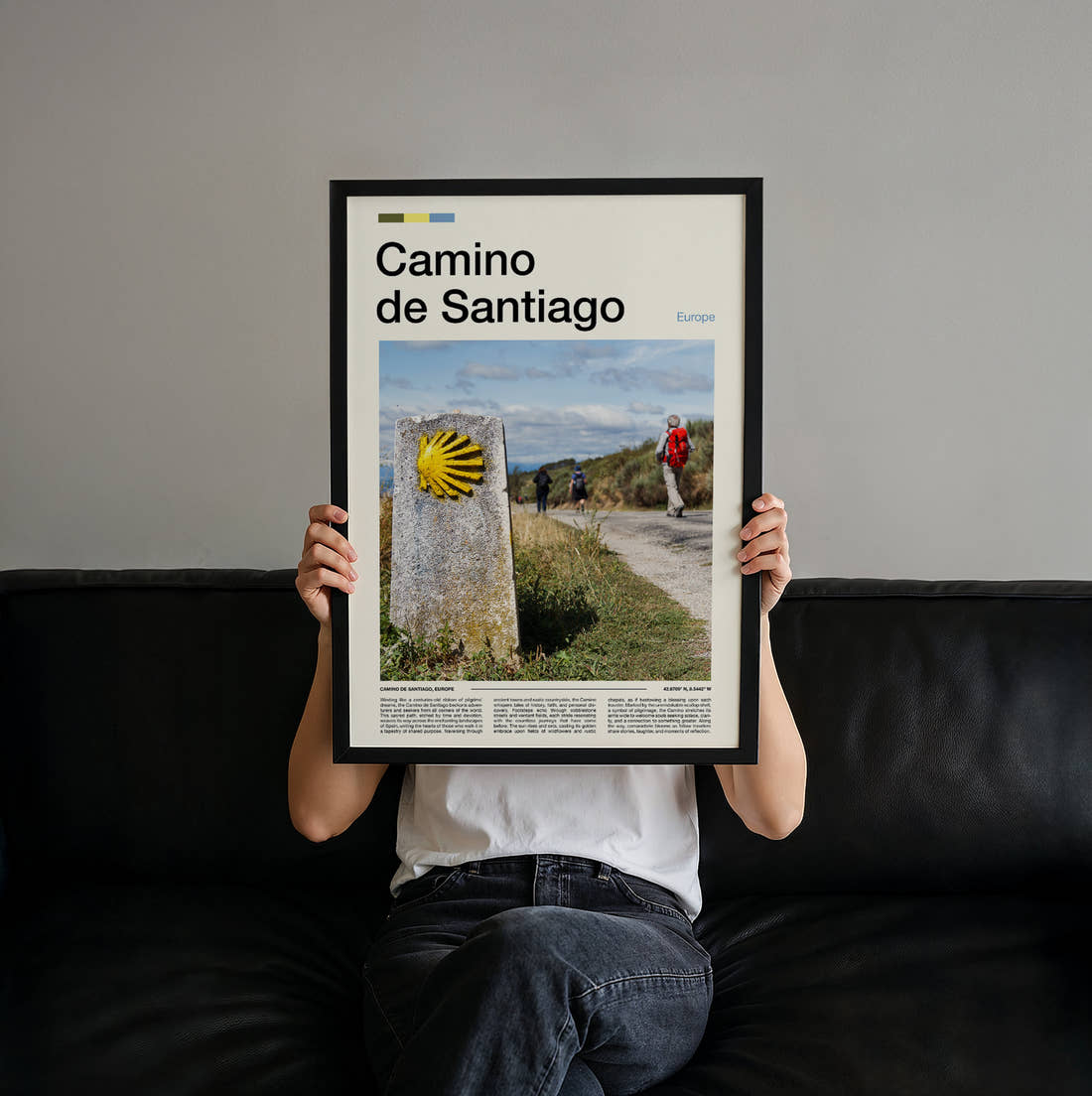 Camino De Santiago Scallop Shell Waymarker Travel Print held up by hand to show the size of the print
