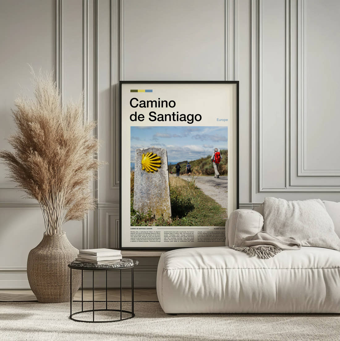 Camino De Santiago Scallop Shell Waymarker Travel Print framed on the wall of a calm, neutral bedroom