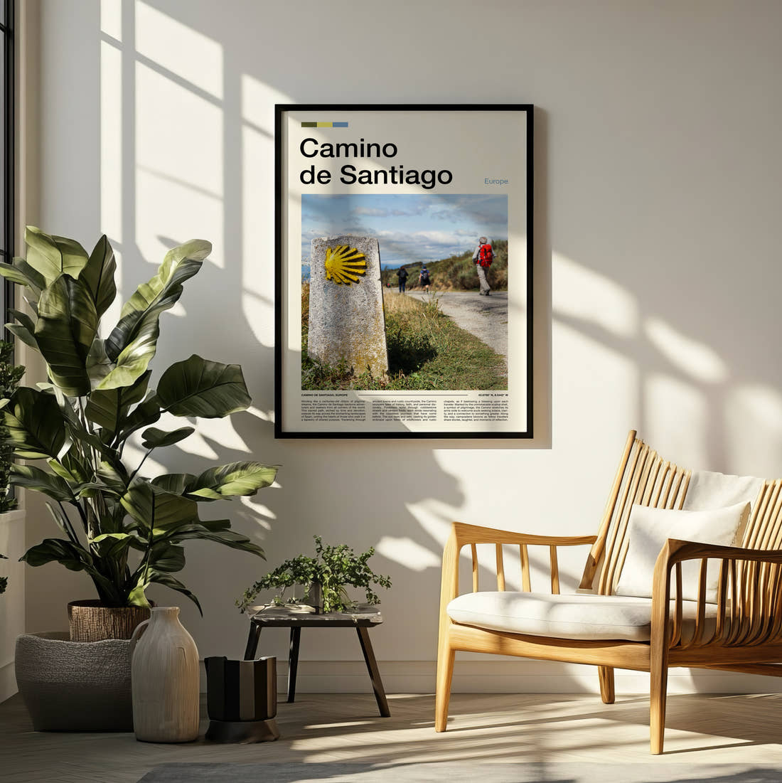 Camino De Santiago Scallop Shell Waymarker Travel Print framed on a pale wall beside houseplants