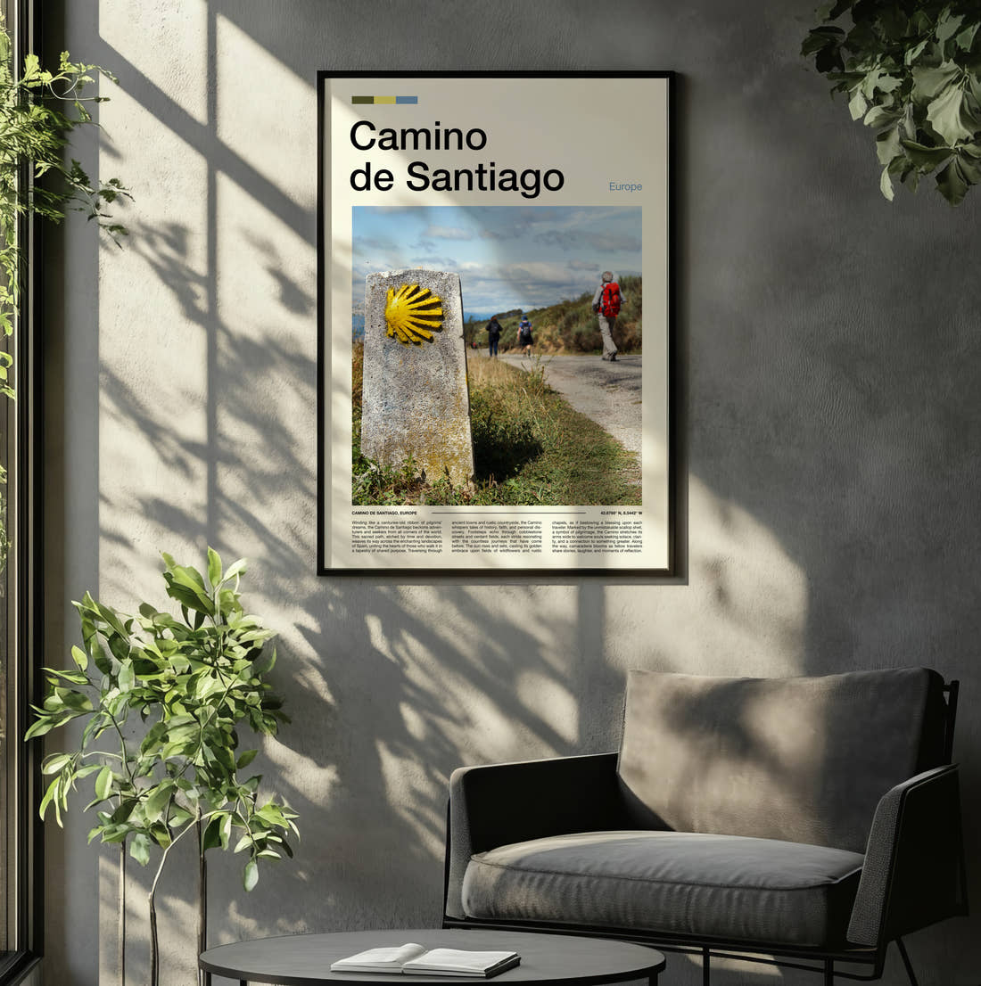 Camino De Santiago Scallop Shell Waymarker Travel Print framed on the wall of a relaxed living room