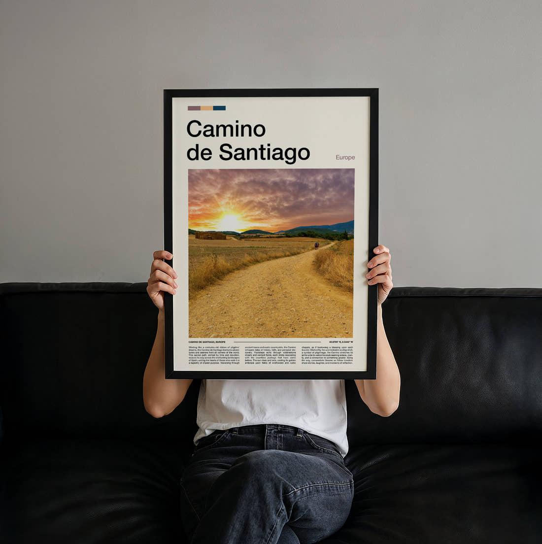 Camino De Santiago Sunset Over Fields Travel Print held up by hand to show the size of the print