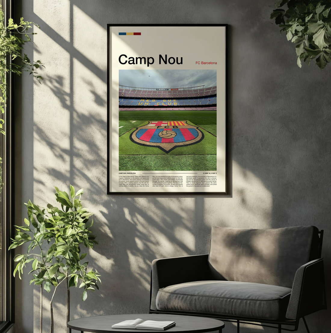 Camp Nou Stadium Print framed on the wall of a relaxed living room
