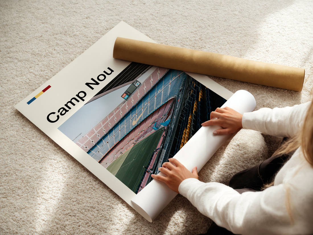 Camp Nou Stadium Print being unrolled from its postal tube