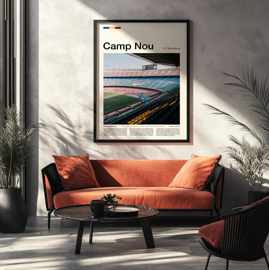 Camp Nou Stadium Print framed on the wall of a modern living room