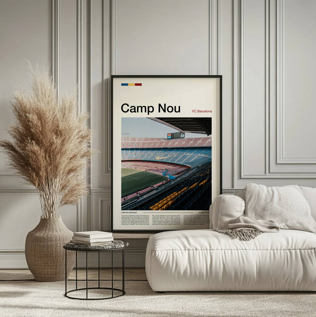 Camp Nou Stadium Print framed on the wall of a calm, neutral bedroom