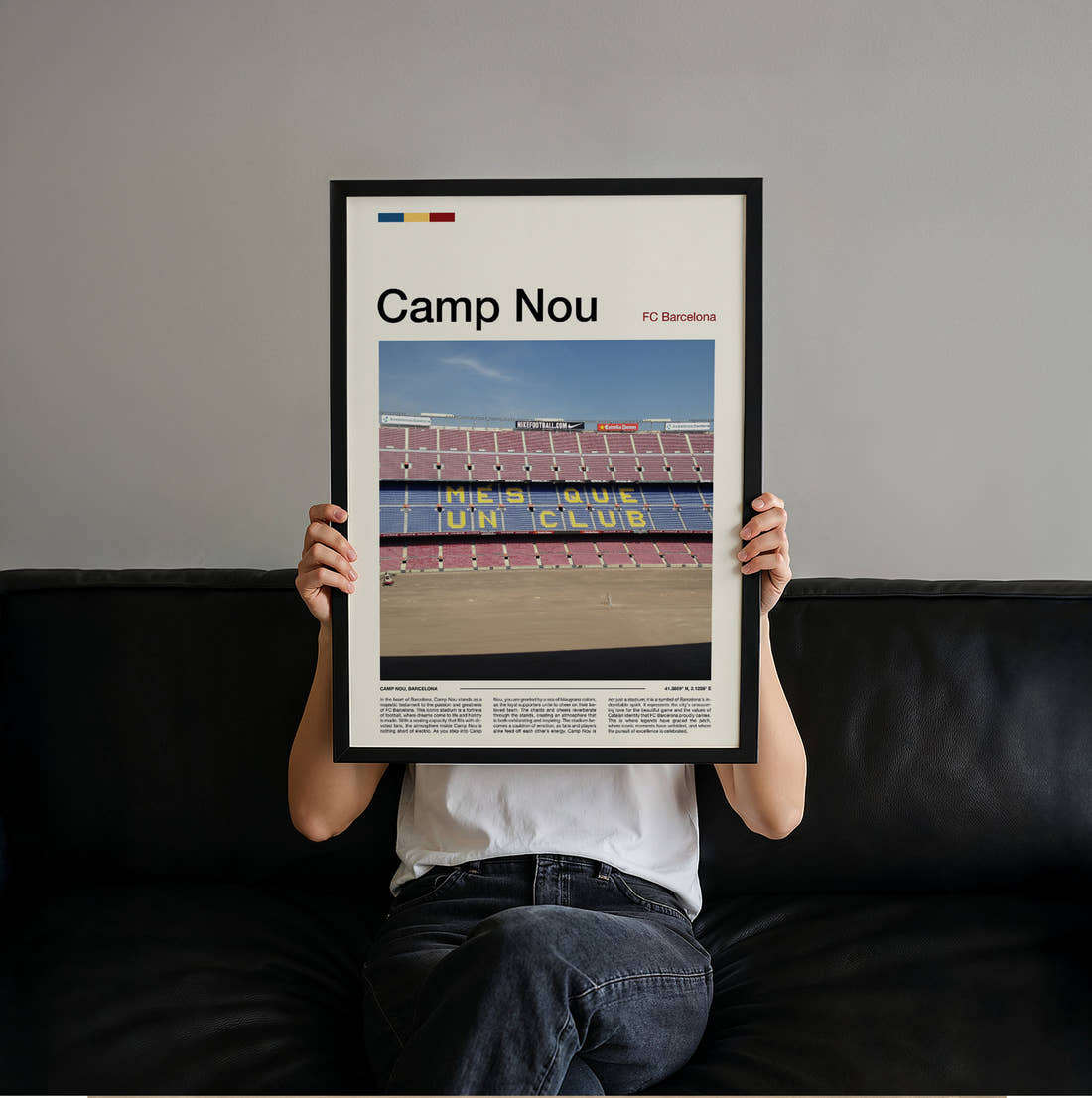 Camp Nou Stadium Print held up by hand to show the size of the print