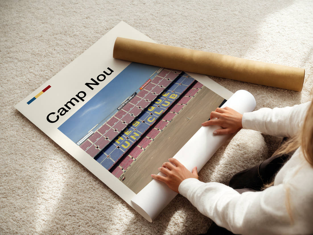 Camp Nou Stadium Print being unrolled from its postal tube