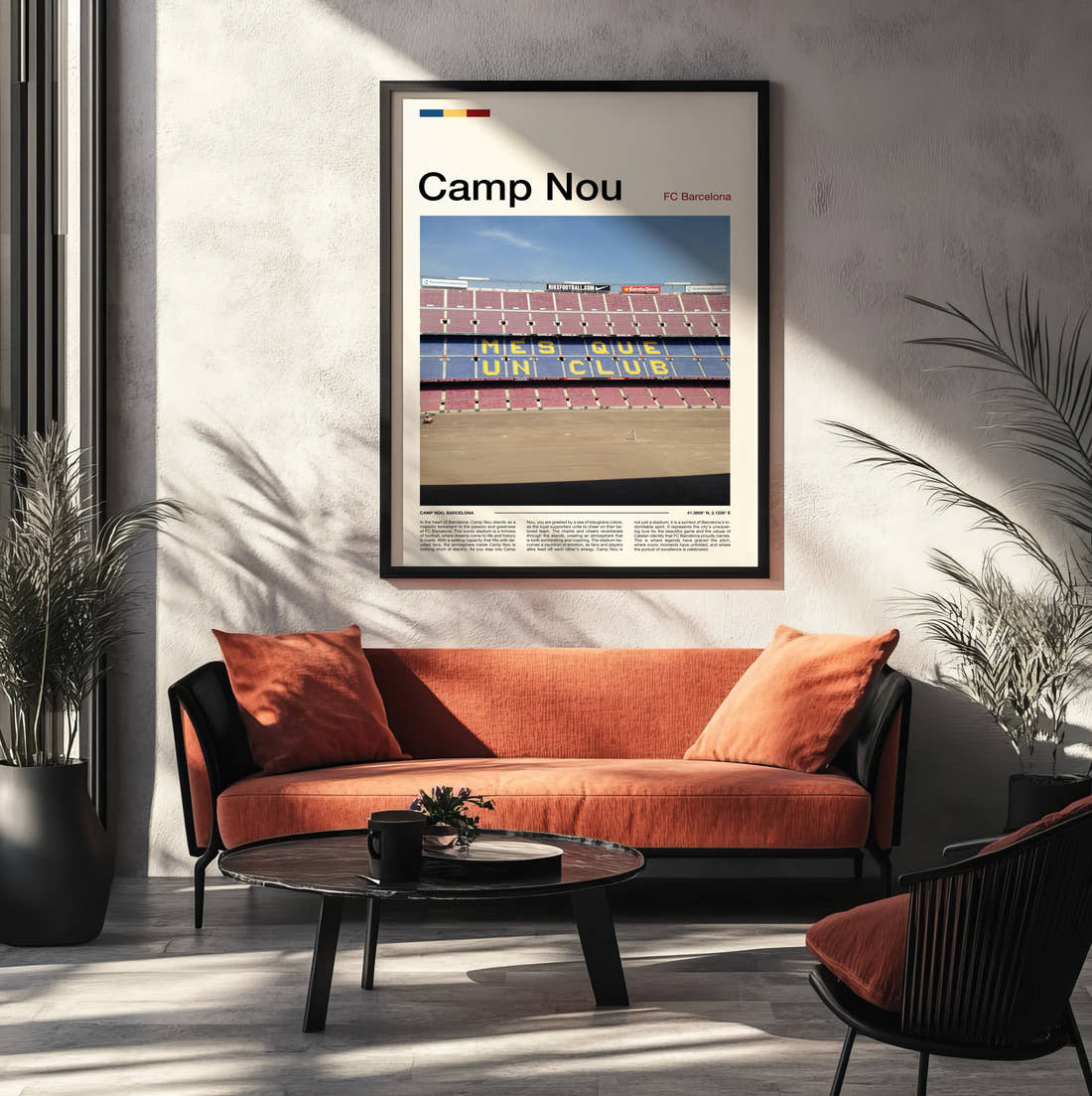 Camp Nou Stadium Print framed on the wall of a modern living room