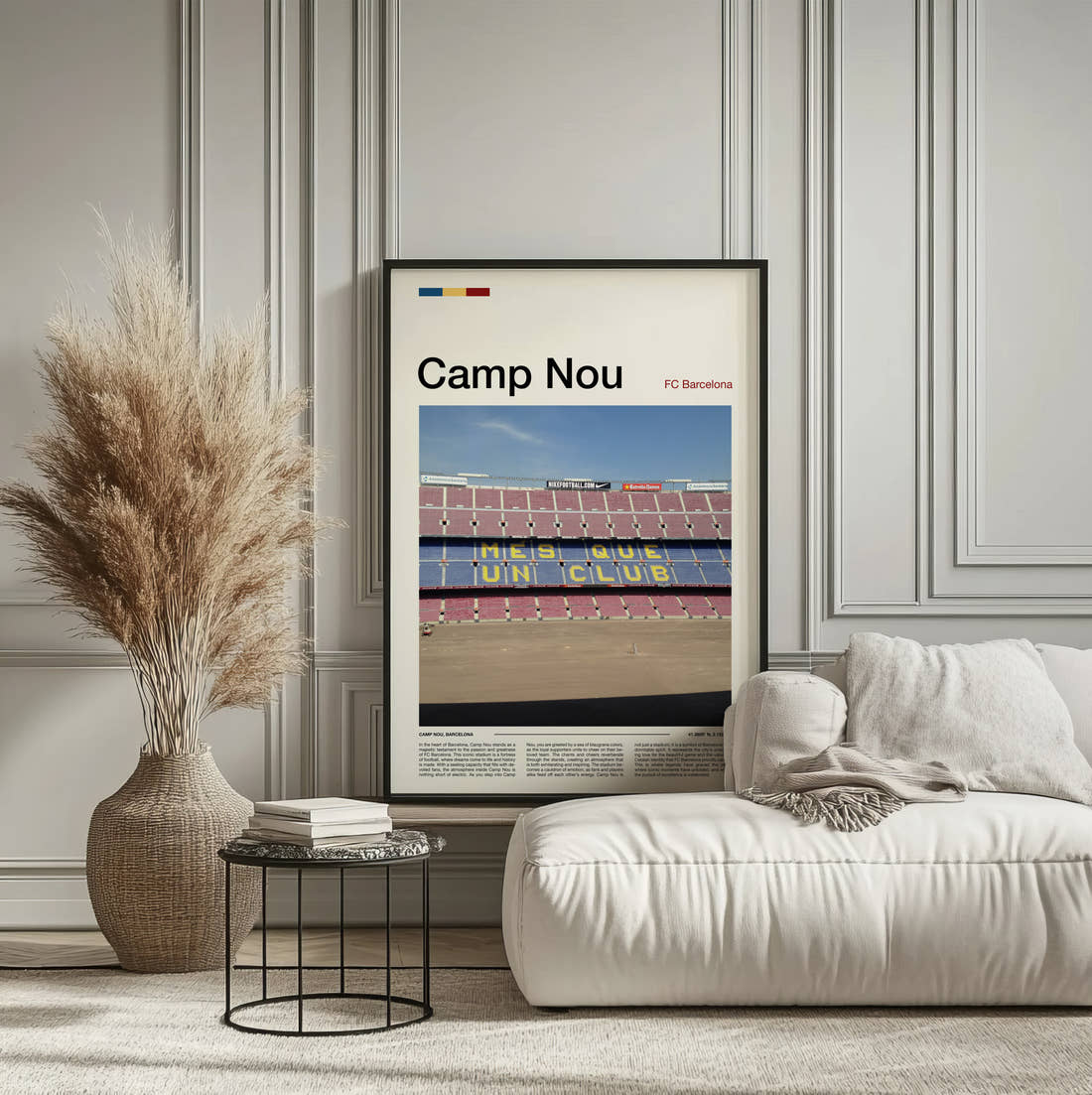 Camp Nou Stadium Print framed on the wall of a calm, neutral bedroom