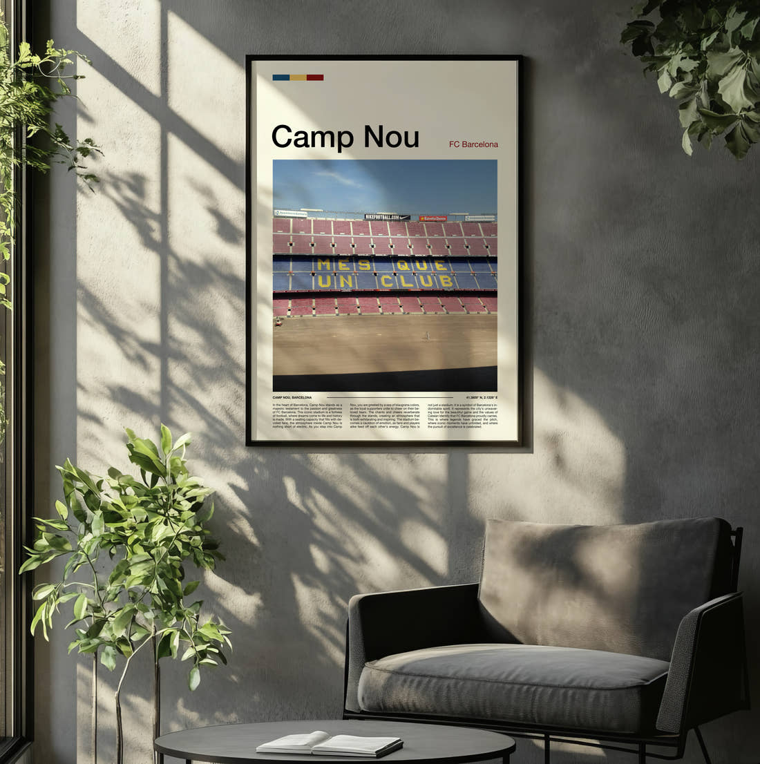 Camp Nou Stadium Print framed on the wall of a relaxed living room