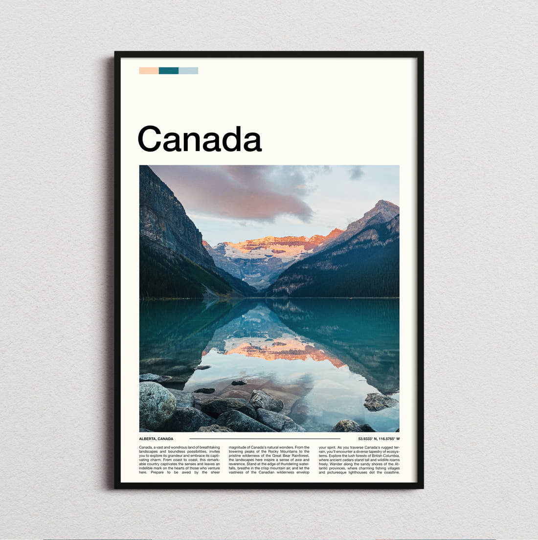 Canada Mountain Reflection On Lake Travel Print framed and photographed straight on