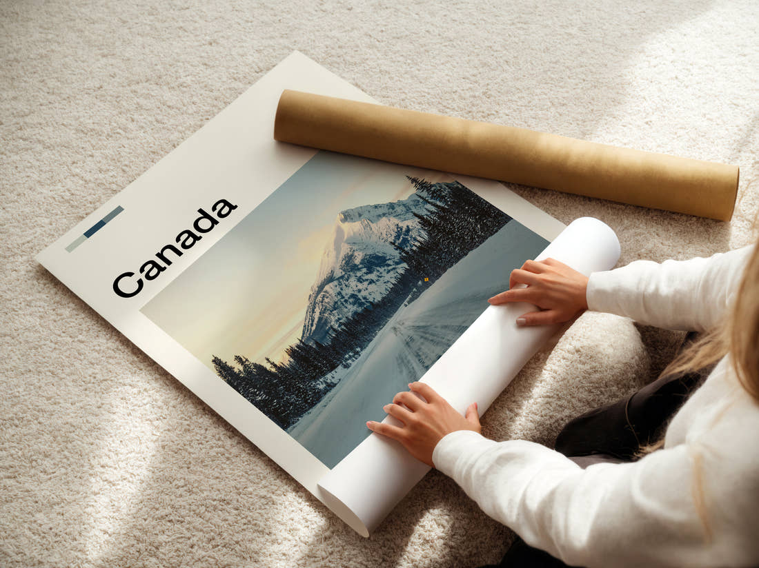 Canada Snowy Mountain Road Travel Print being unrolled from its postal tube