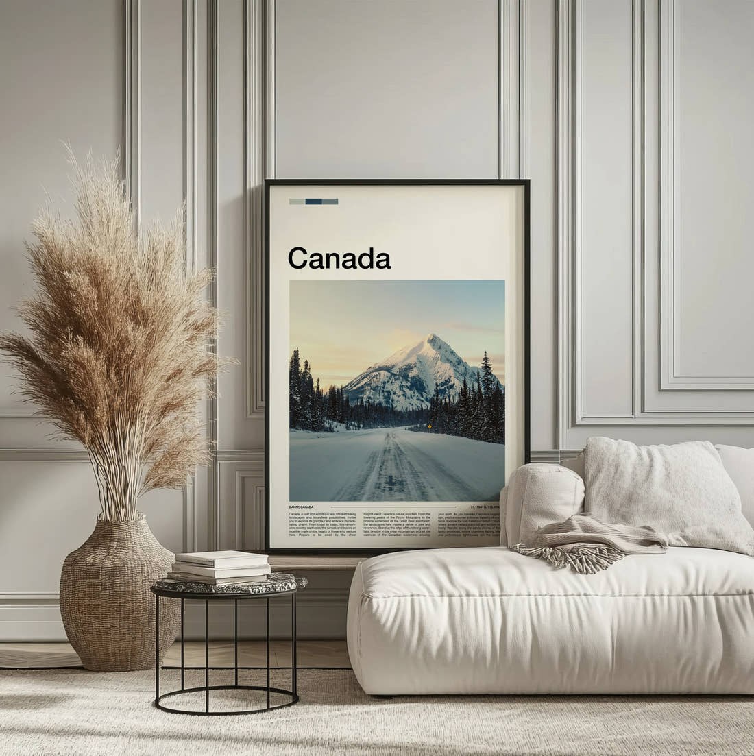 Canada Snowy Mountain Road Travel Print framed on the wall of a calm, neutral bedroom