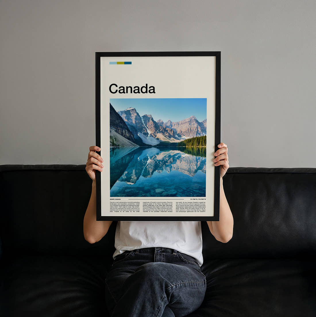 Canada Turquoise Lake Reflection Travel Print held up by hand to show the size of the print